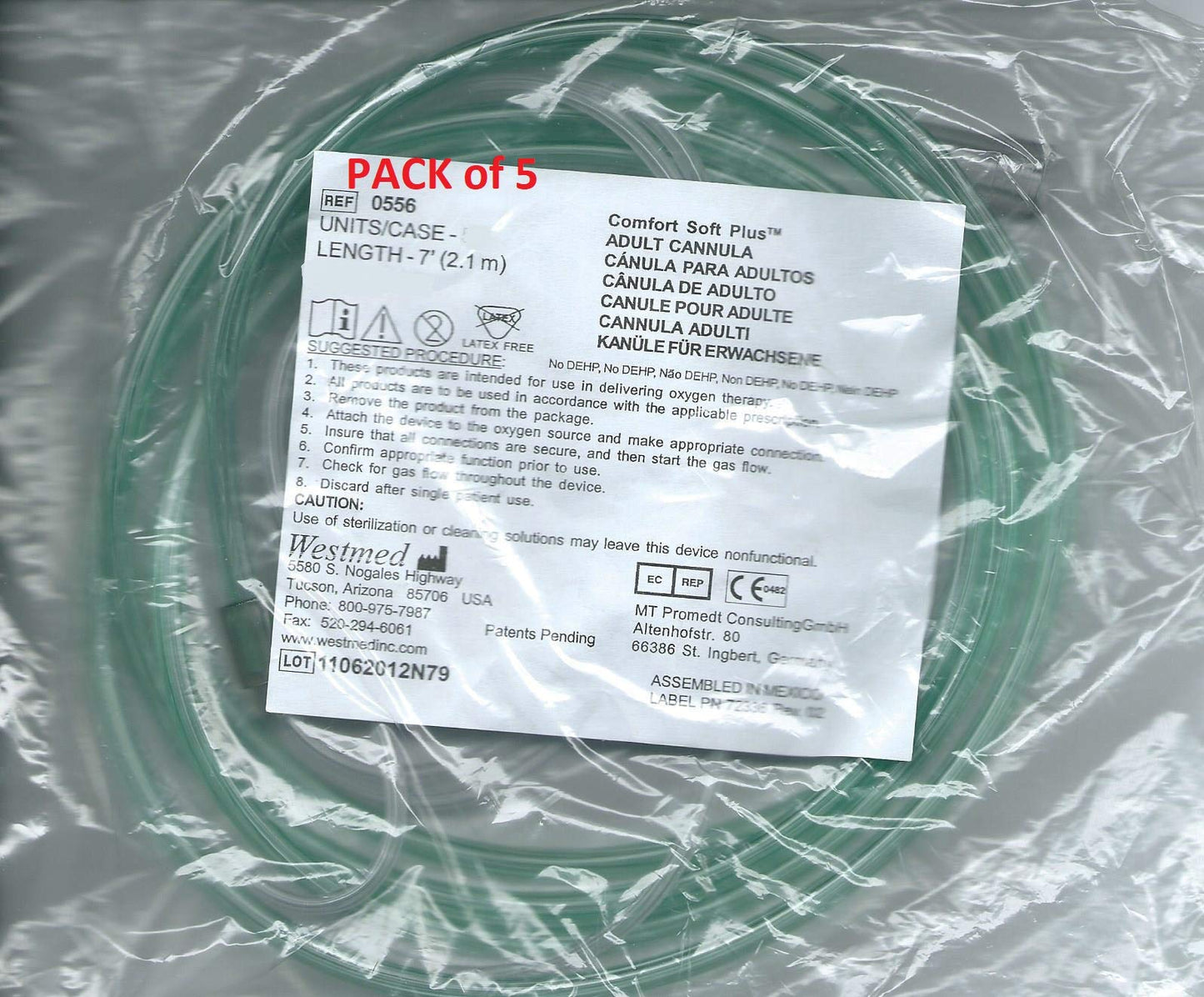 Adult Comfort Soft Plus Oxygen Cannula, 7Ft AirLife 0556, Pack of 5