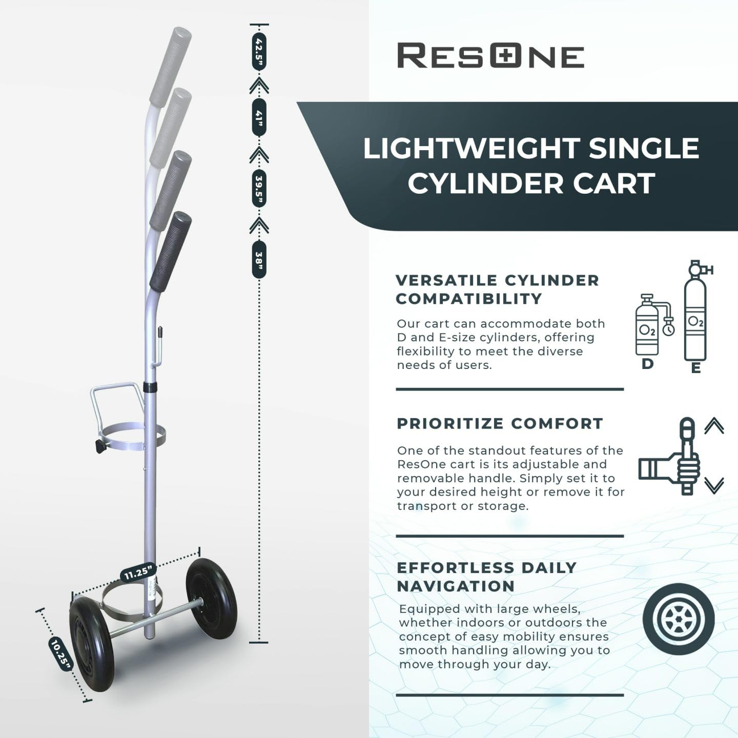 ResOne Lightweight Single D/E Oxygen Cylinder Cart , Adjustable Handle, Durable Powder-Coated Finish, Portable Oxygen Tank Cart with Wheels, Holds 1 D Size or E Size Cylinder