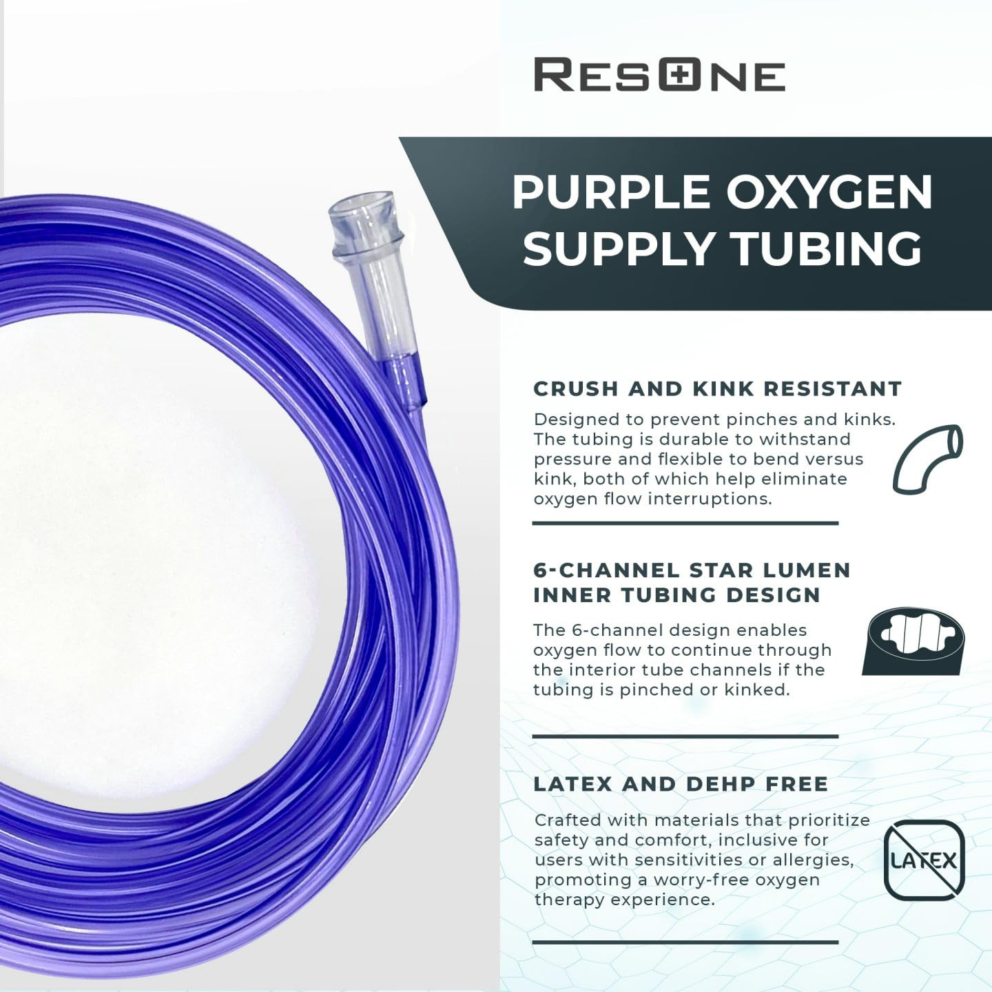 ResOne 7Ft Purple Oxygen Supply Tubing, Crush Resistant, Standard Connectors