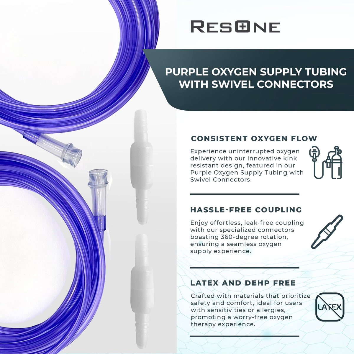 ResOne 2pk 50Ft Oxygen Supply Tubing - Swivel Connectors, Crush Resistant - 360 degree rotation, for Nasal Cannulas, Cannula Nasal Tubing, Oxygen Concentrator - Purple