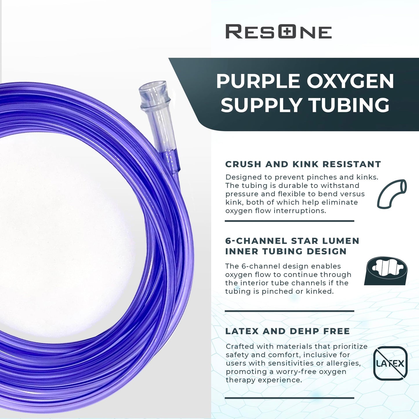 ResOne 5pk 7Ft Purple Oxygen Supply Tubing, Crush Resistant, Standard Connectors