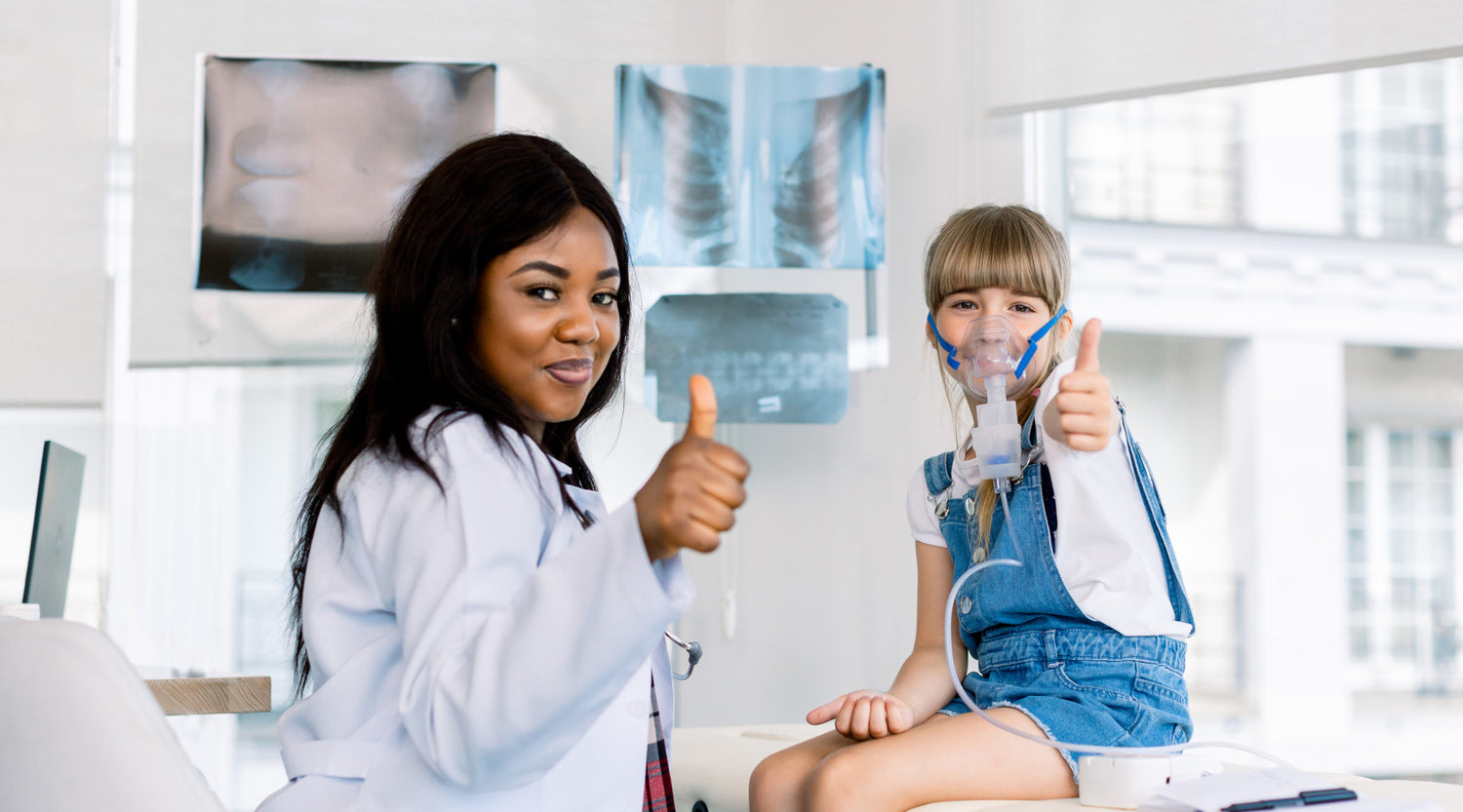 little girl with asthma problems using inhalation