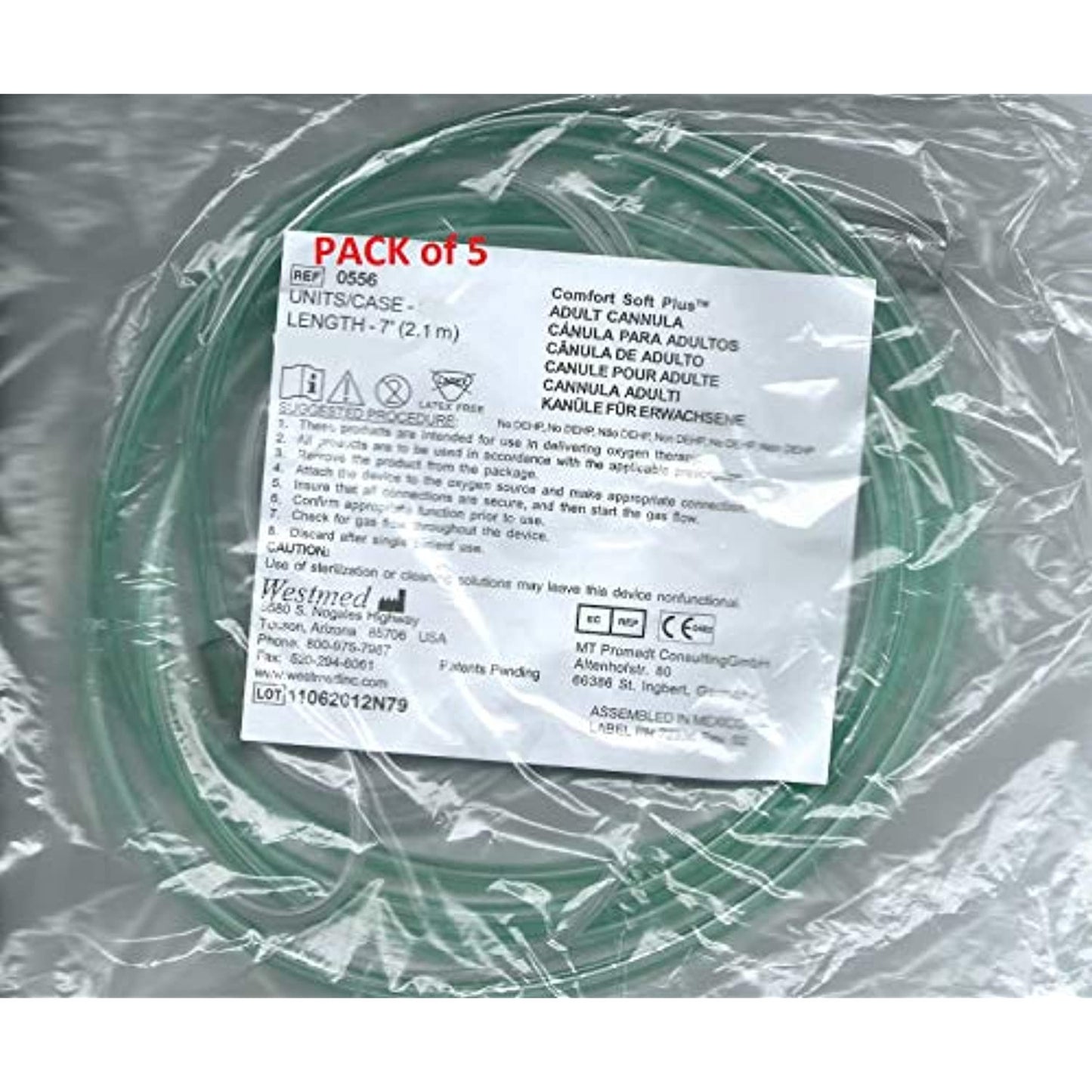 Adult Ultra Soft Oxygen Cannula, green tubing - 7 Ft (Westmed #0556) pk 5